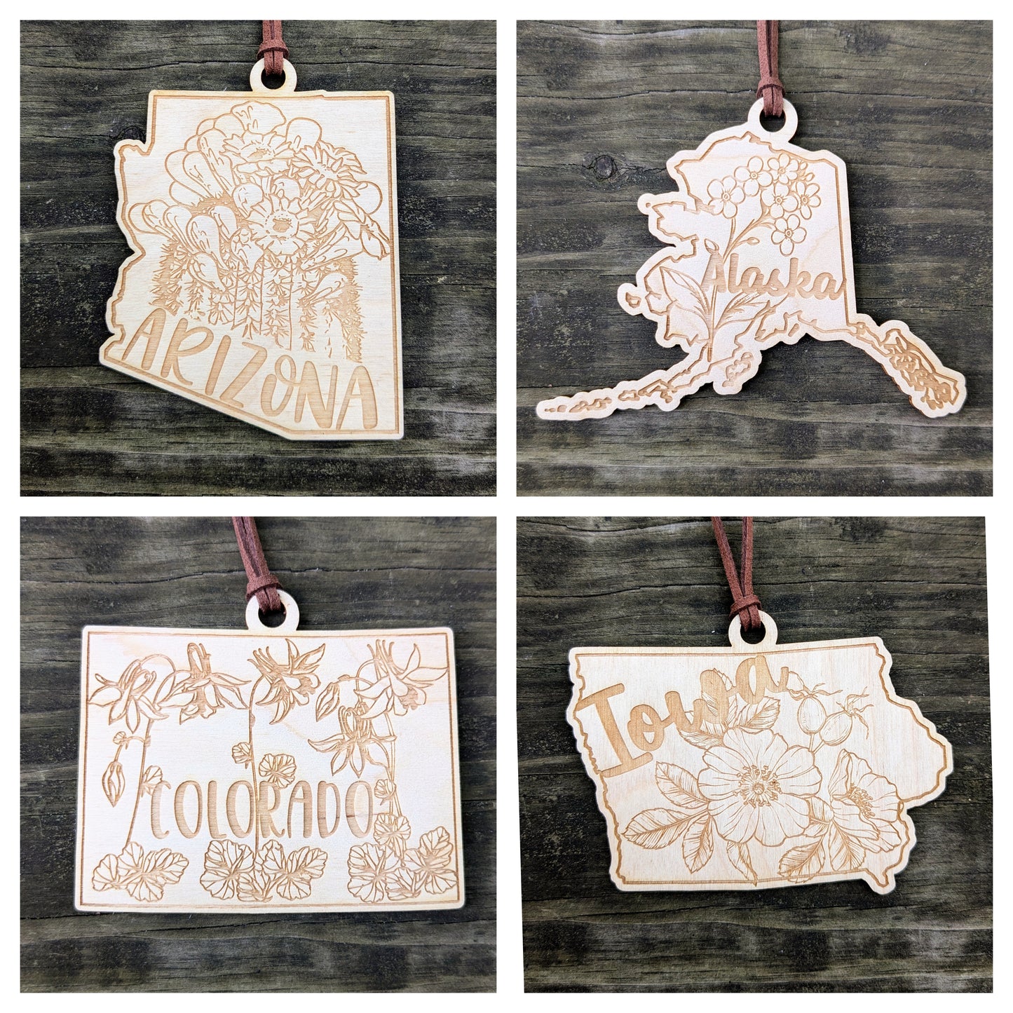 50 States Flower Ornament, Laser Cut and Engraved Christmas Tree Ornament