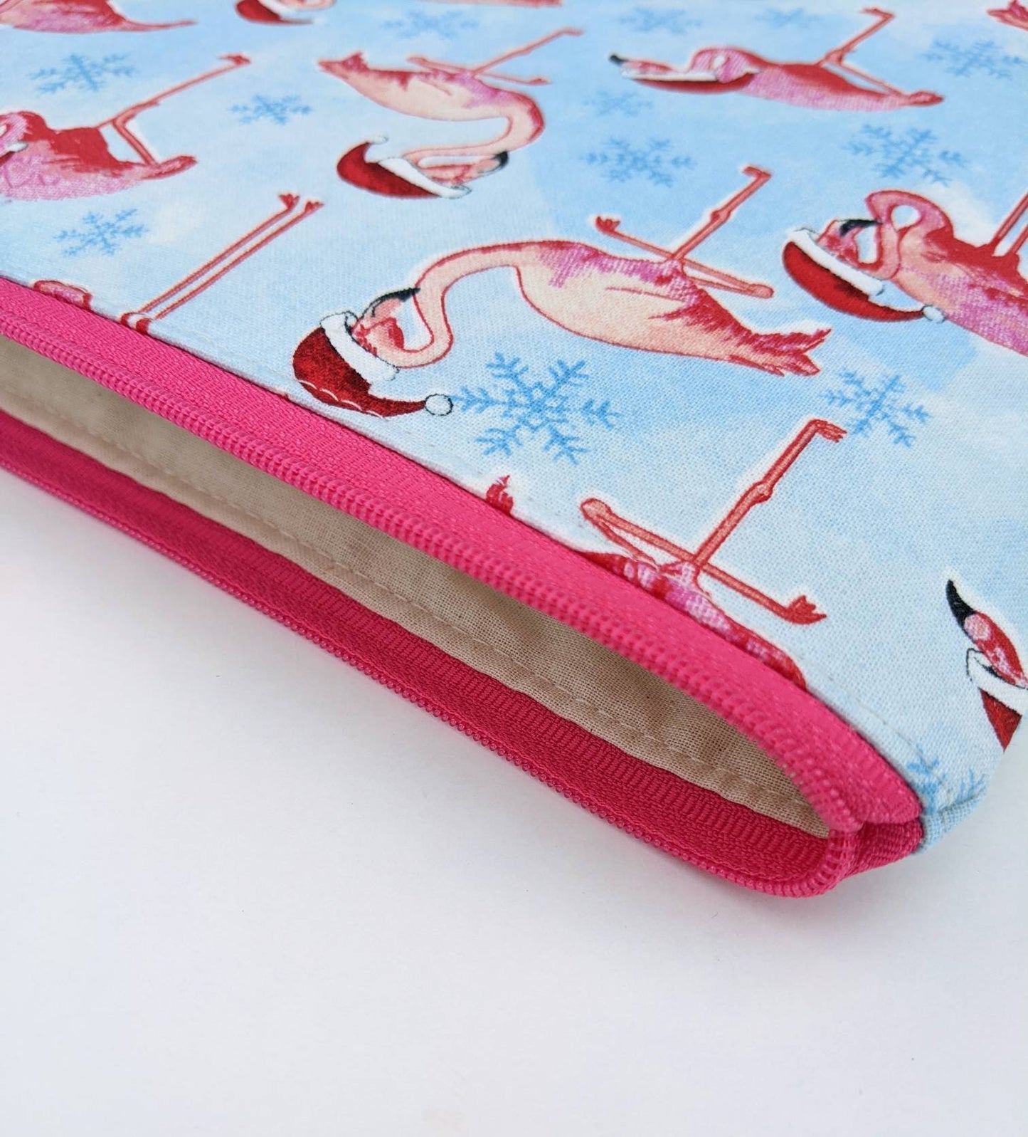 Tall Zipper Bag -Knitting  Project Bag with Pink Flamingos Wearing Santa Hats