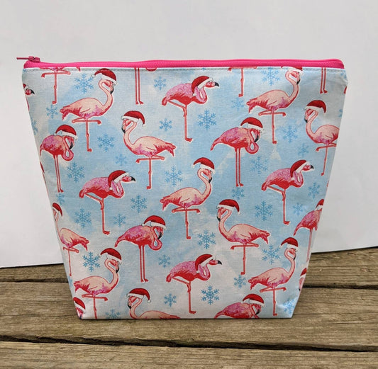 Tall Zipper Bag -Knitting  Project Bag with Pink Flamingos Wearing Santa Hats