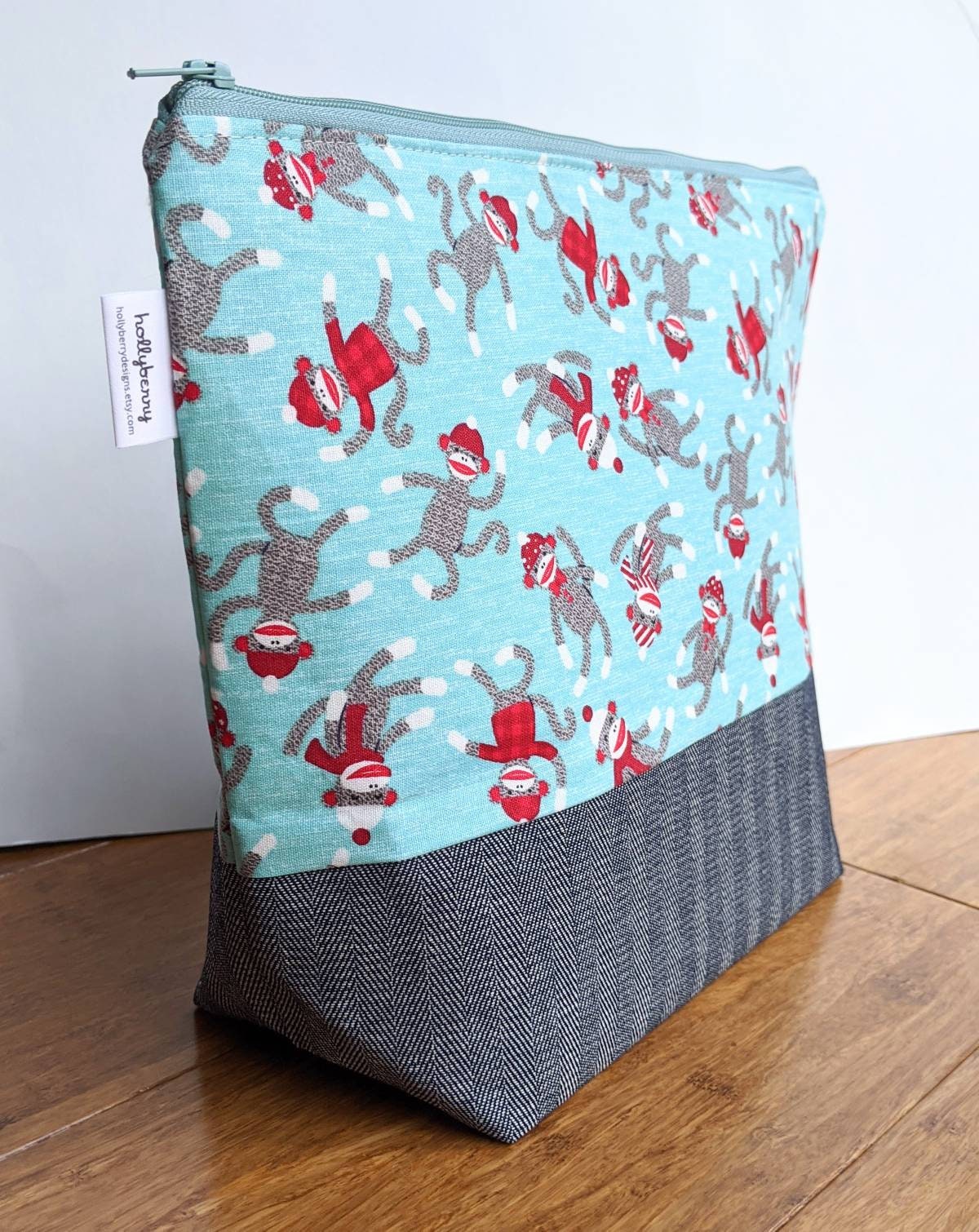 Tall Zipper Bag - Knitting Project Bag with Sock Monkeys