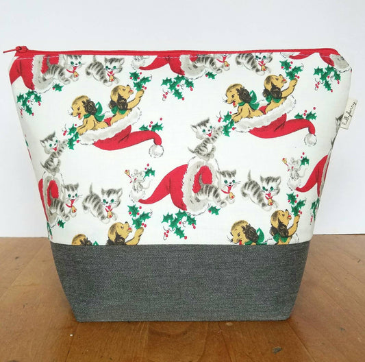 Tall Zipper Bag - Knitting Project Bag with Vintage Christmas Puppies and Kittens