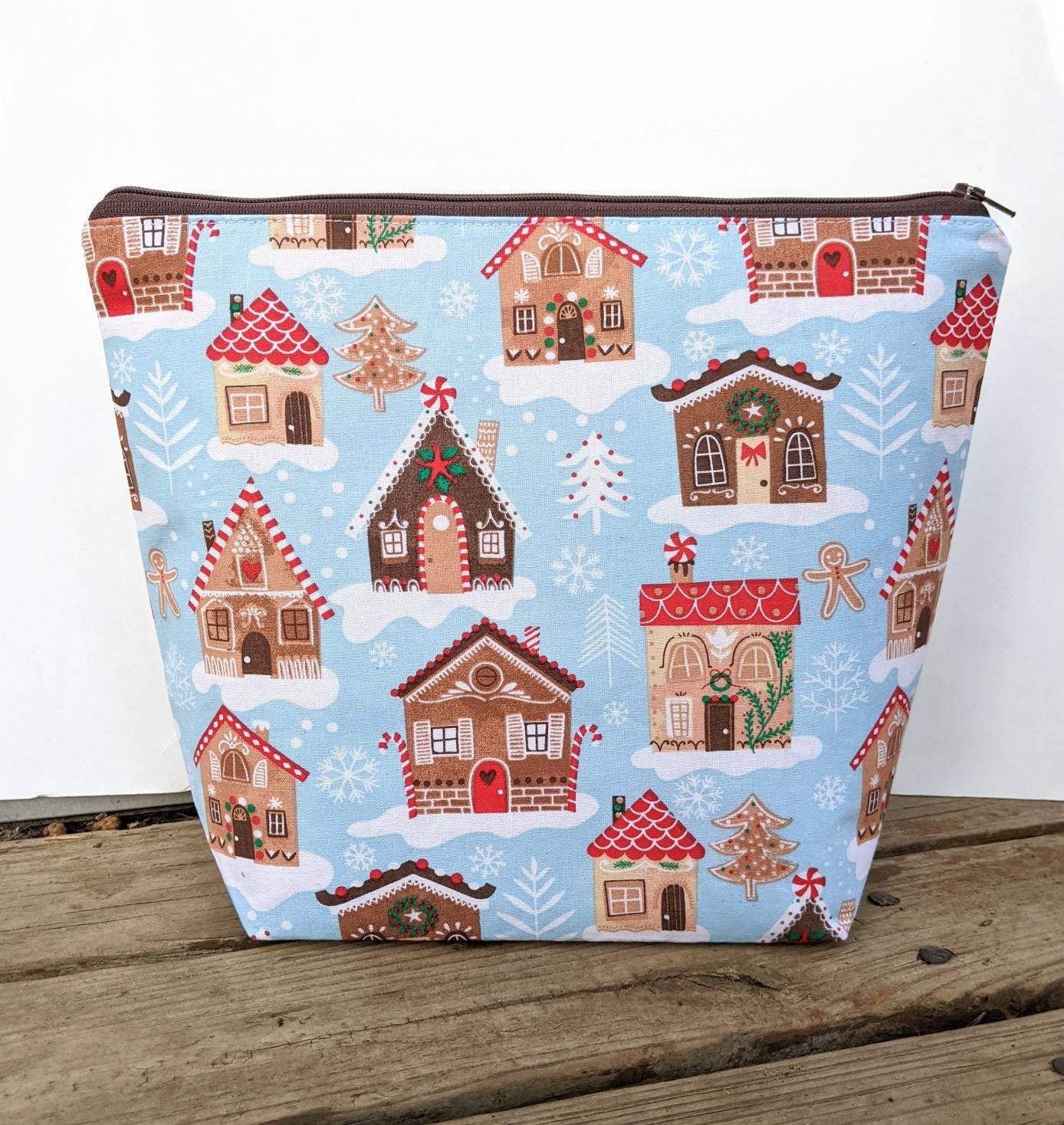 Tall Zipper Bag - Knitting Project Bag with Gingerbread Houses