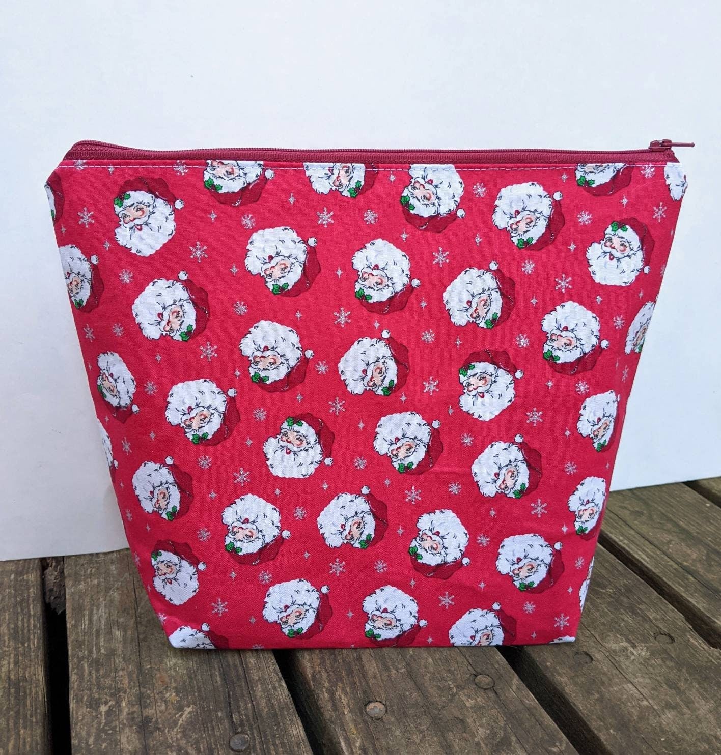 Tall Zipper Bag - Project Bag with Vintage Santa Claus