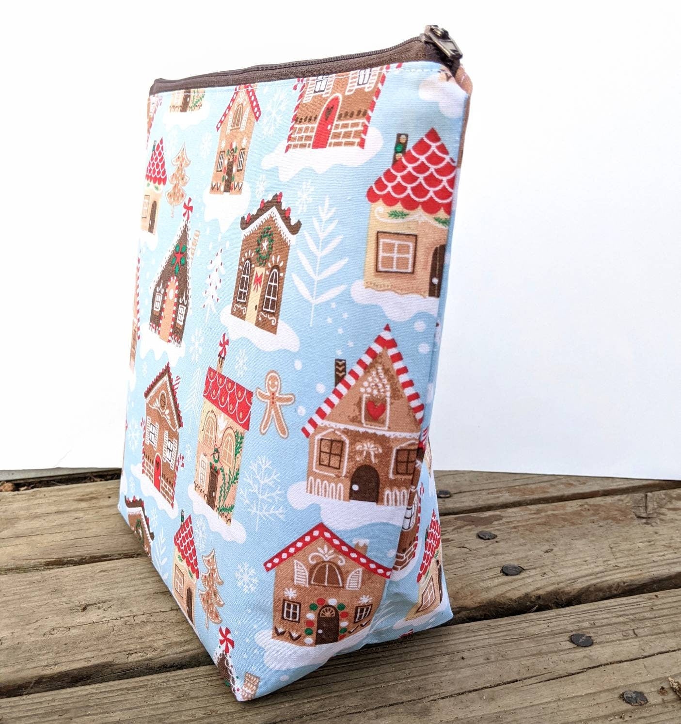 Tall Zipper Bag - Knitting Project Bag with Gingerbread Houses