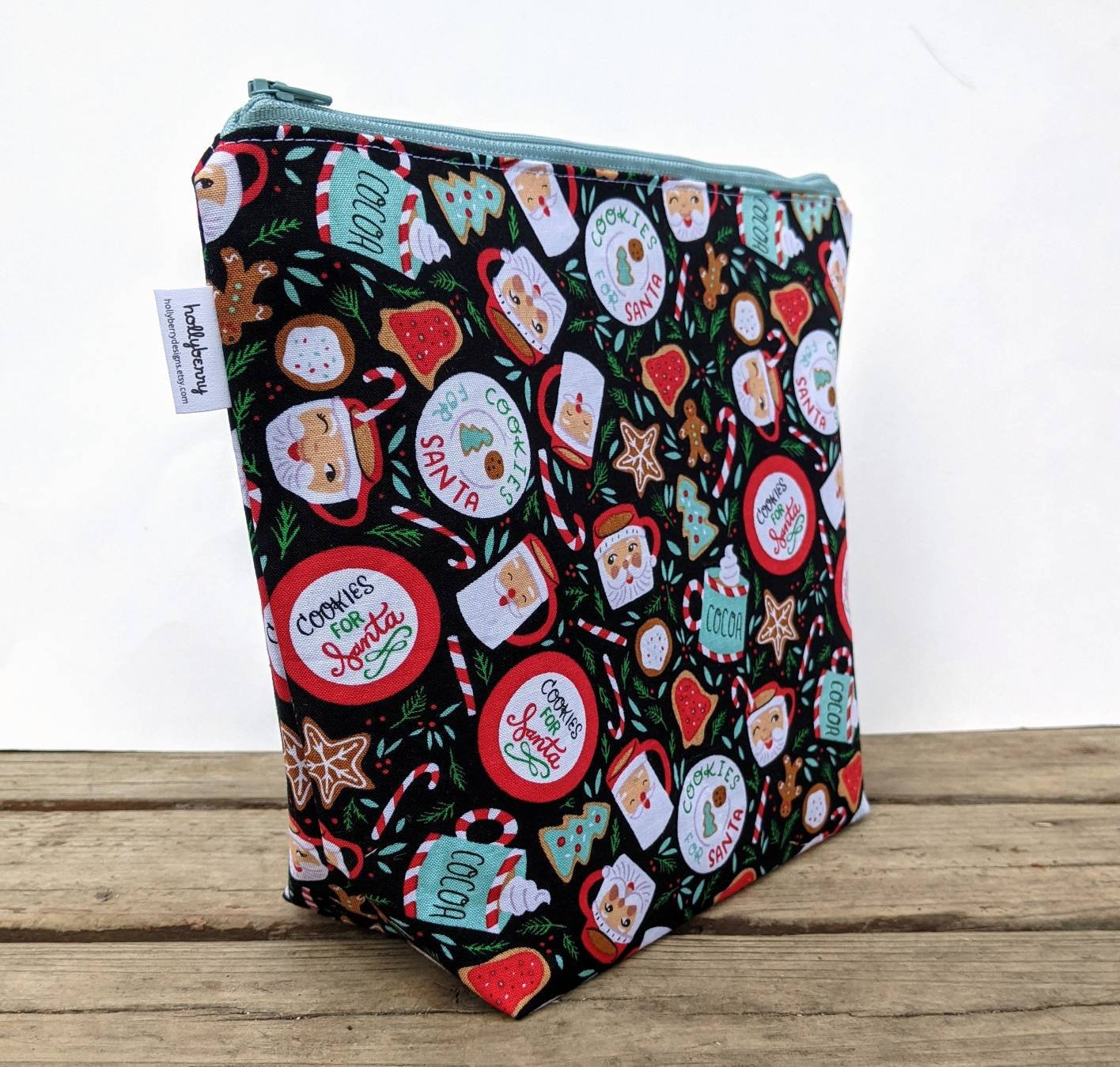 Tall Zipper Bag - Knitting Project Bag with Cookies and Santa Head Mugs