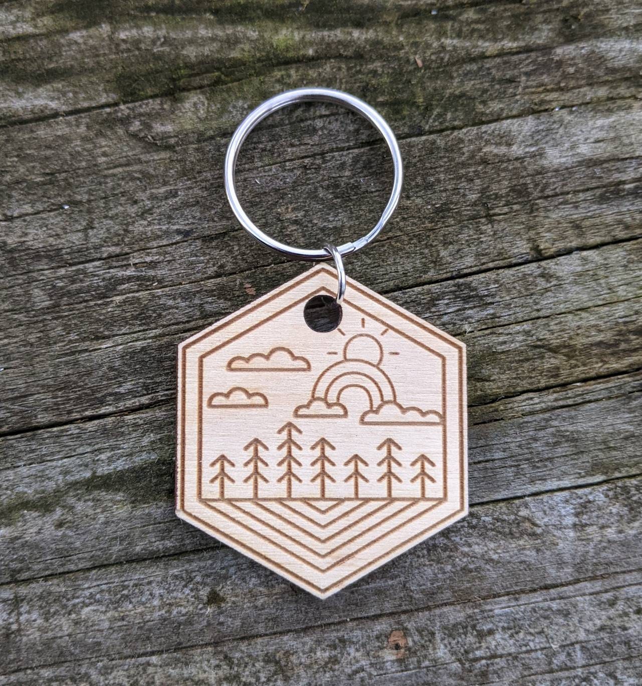 Laser Engraved Keychain | Kayaking Camping Rainbow Campfire | Outdoor Adventure Themed