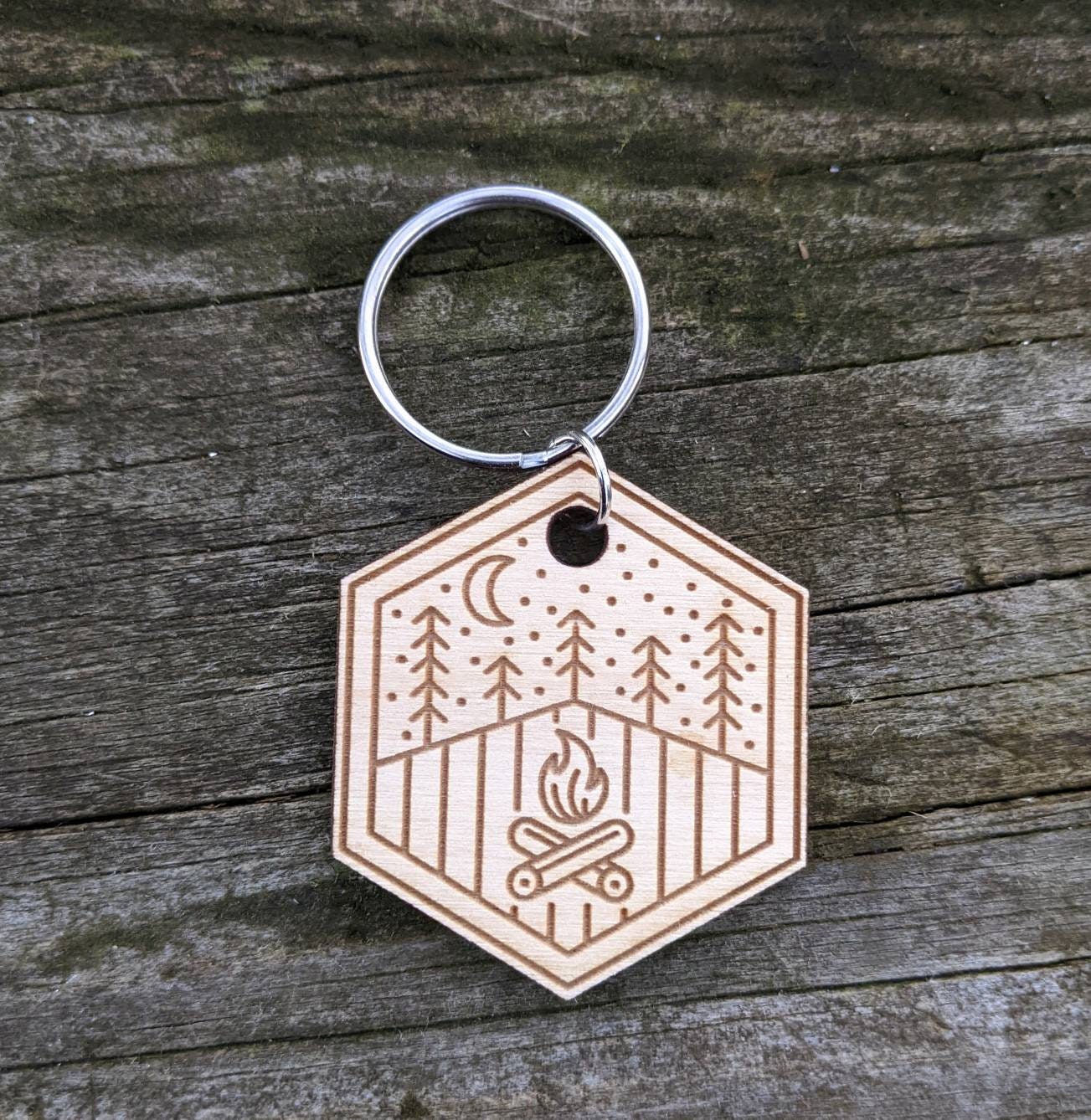 Laser Engraved Keychain | Kayaking Camping Rainbow Campfire | Outdoor Adventure Themed