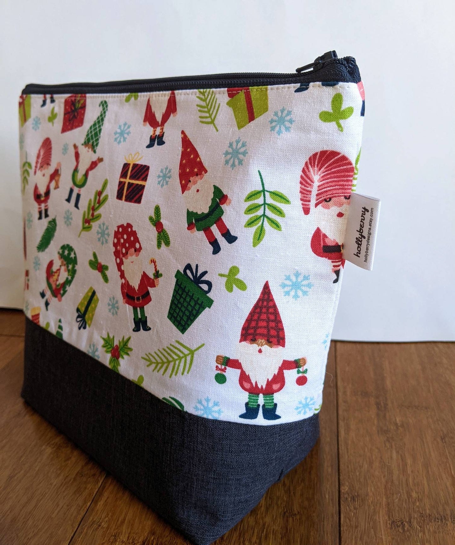 Tall Zipper Bag - Knitting Crochet Project Bag with Gnomes, Toiletry Bag, Makeup Bag, Flat bottom zipper bag