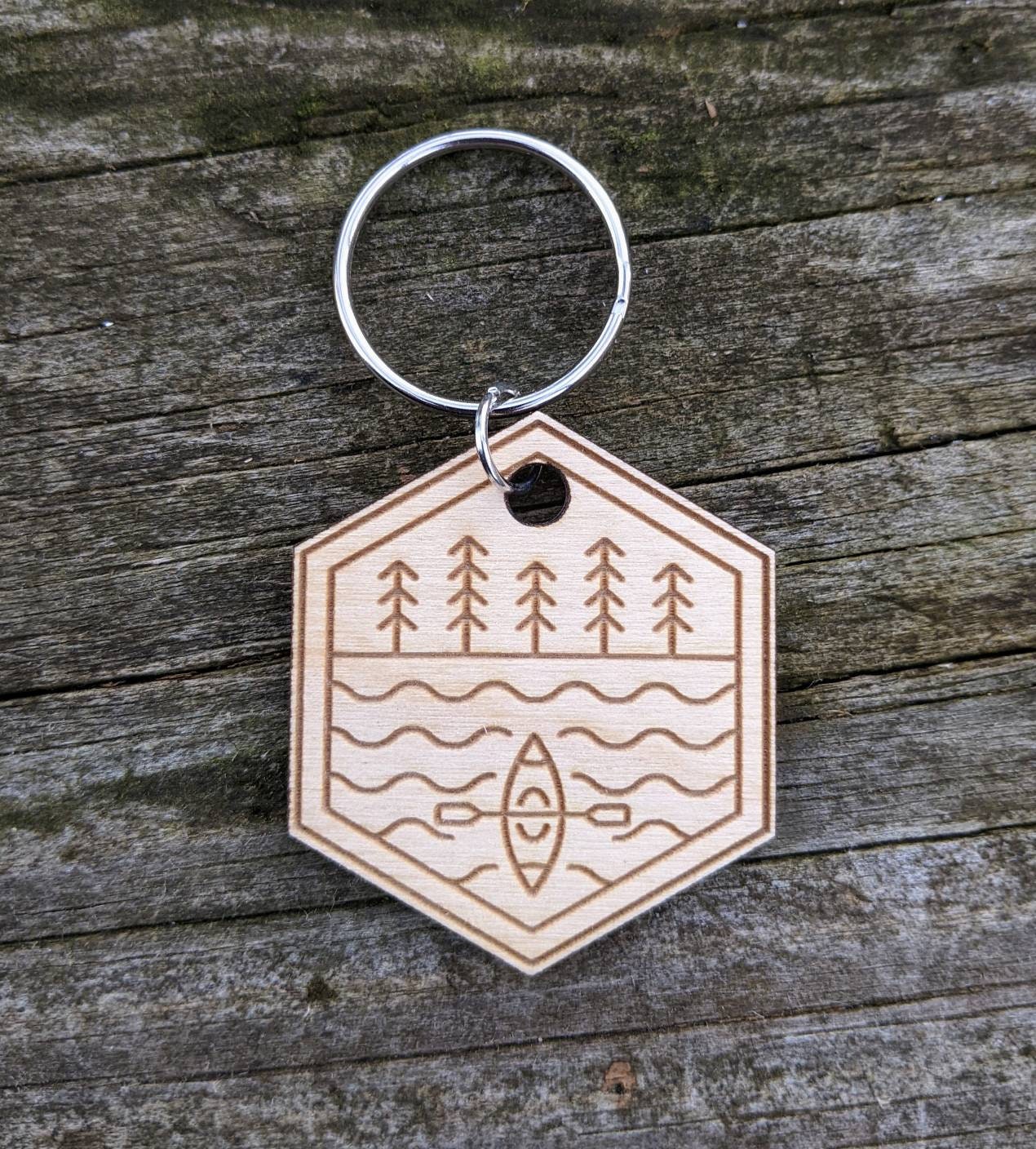 Laser Engraved Keychain | Kayaking Camping Rainbow Campfire | Outdoor Adventure Themed