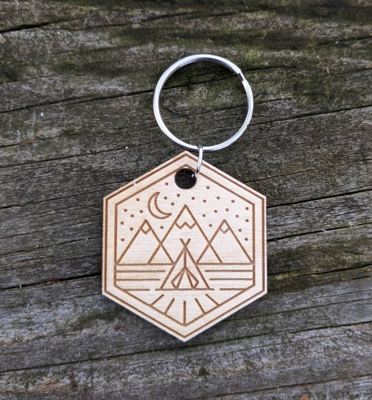 Laser Engraved Keychain | Kayaking Camping Rainbow Campfire | Outdoor Adventure Themed