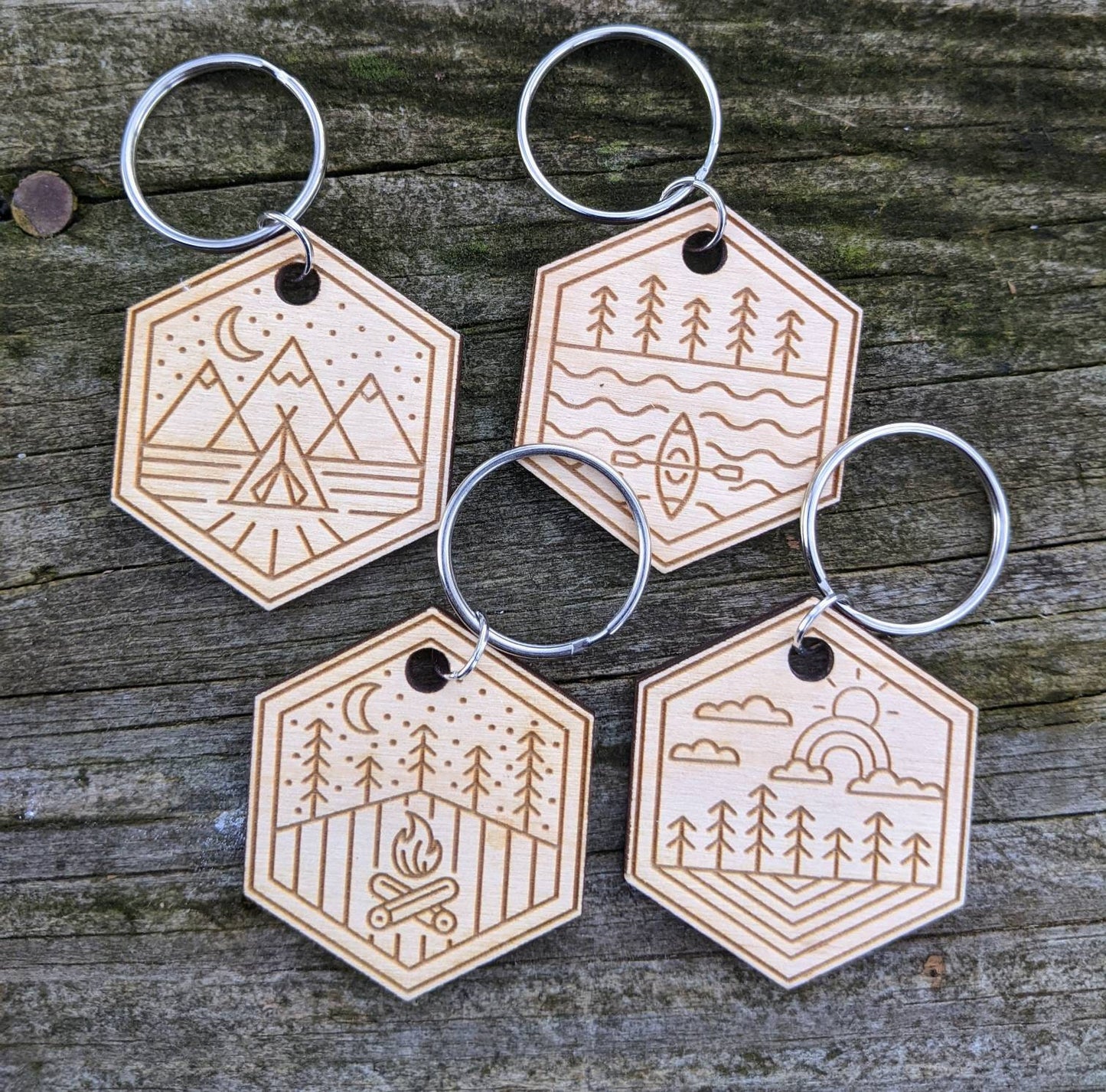 Laser Engraved Keychain | Kayaking Camping Rainbow Campfire | Outdoor Adventure Themed