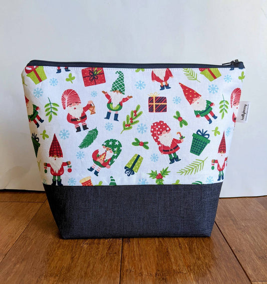 Tall Zipper Bag - Knitting Crochet Project Bag with Gnomes, Toiletry Bag, Makeup Bag, Flat bottom zipper bag