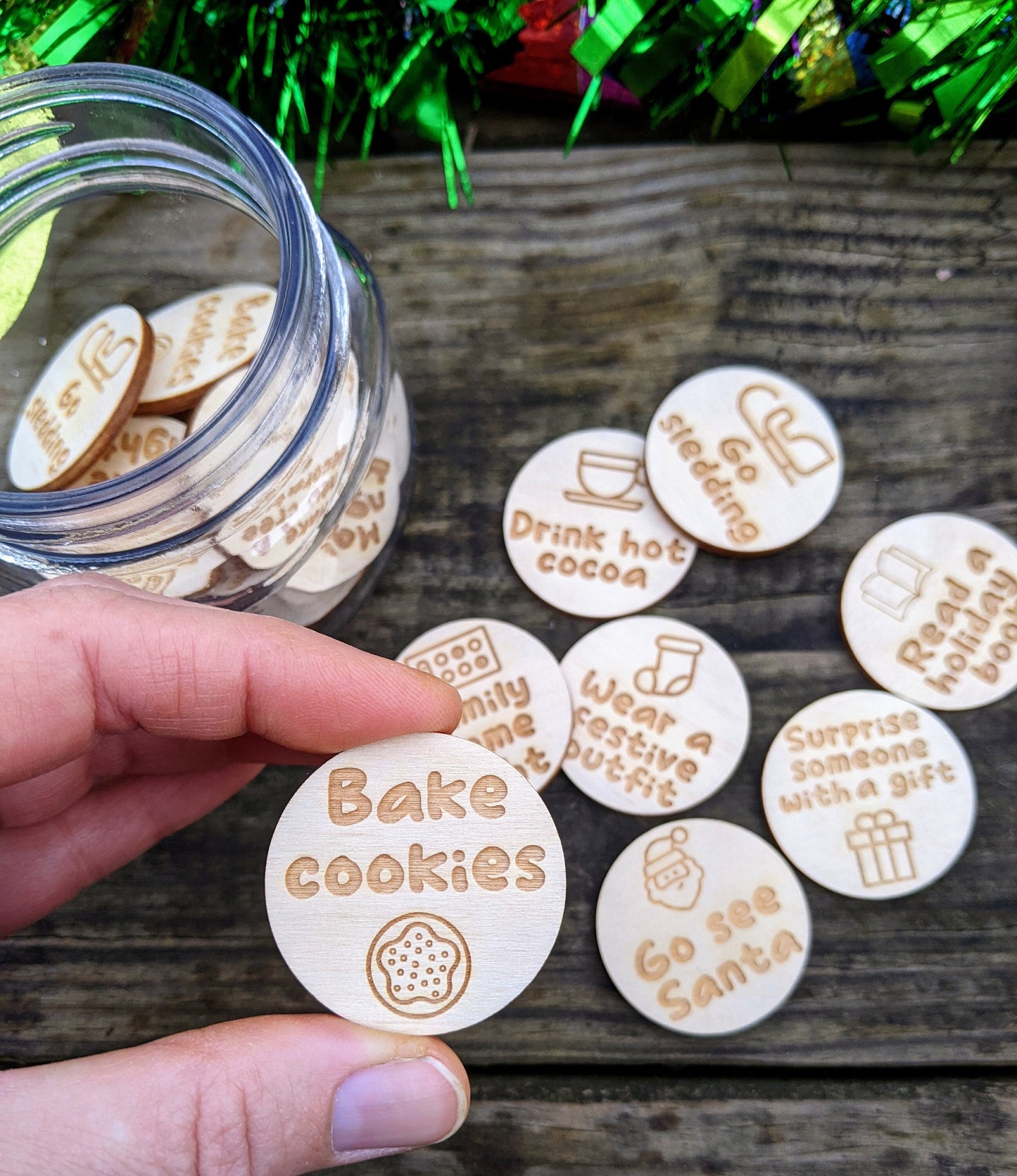 Set of 30 Countdown to Christmas Advent Activities | Christmas Bucket List | Laser Cut Wood Tokens for Fun Family Activites in December