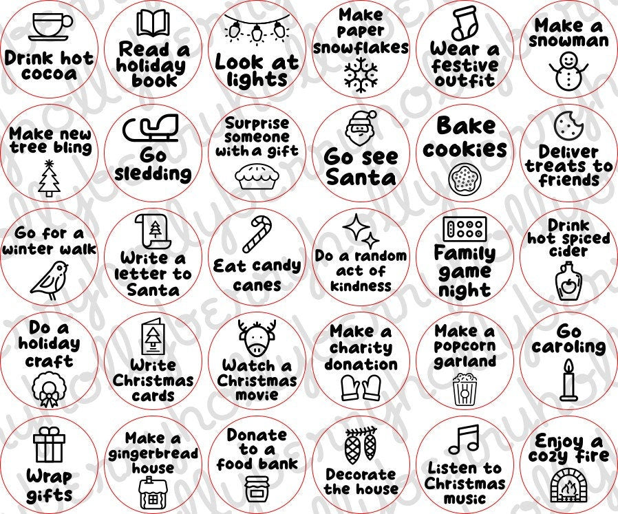 Set of 30 Countdown to Christmas Advent Activities | Christmas Bucket List | Laser Cut Wood Tokens for Fun Family Activites in December