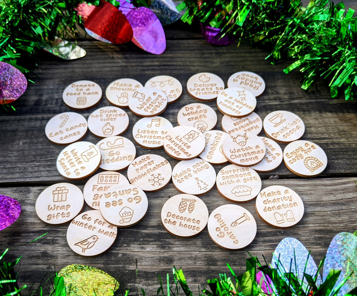 Set of 30 Countdown to Christmas Advent Activities | Christmas Bucket List | Laser Cut Wood Tokens for Fun Family Activites in December