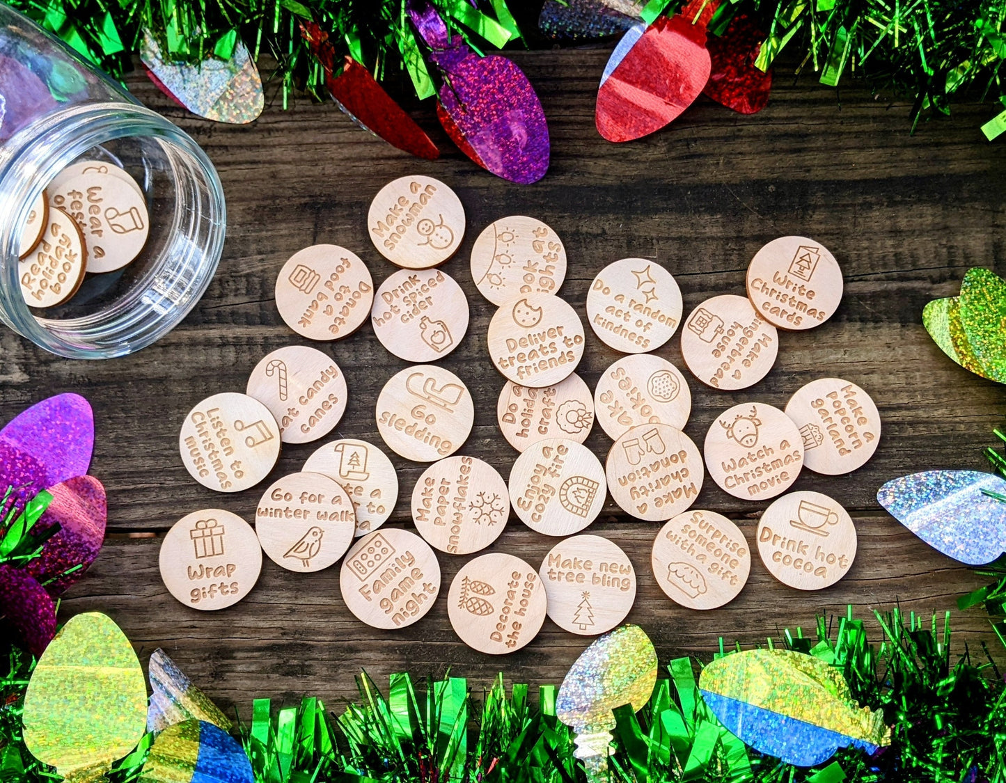 Set of 30 Countdown to Christmas Advent Activities | Christmas Bucket List | Laser Cut Wood Tokens for Fun Family Activites in December