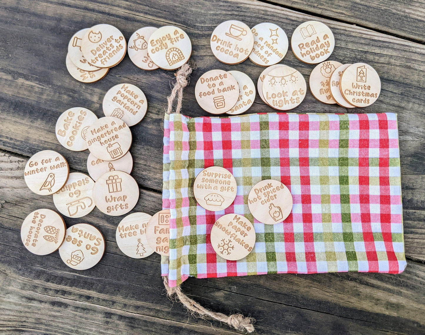 Set of 30 Countdown to Christmas Advent Activities | Christmas Bucket List | Laser Cut Wood Tokens for Fun Family Activites in December