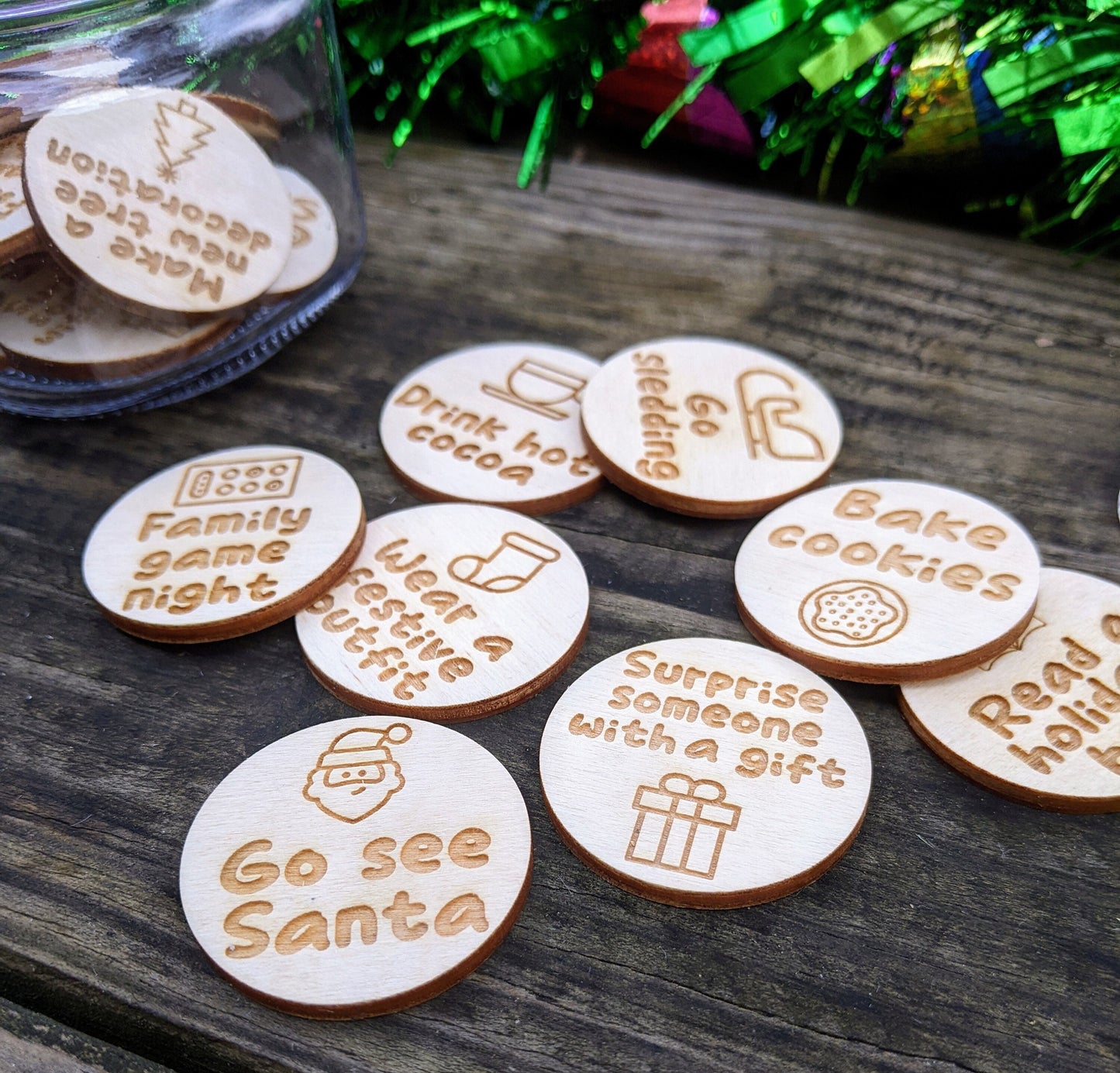 Set of 30 Countdown to Christmas Advent Activities | Christmas Bucket List | Laser Cut Wood Tokens for Fun Family Activites in December