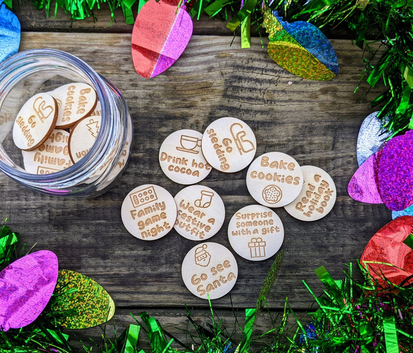 Set of 30 Countdown to Christmas Advent Activities | Christmas Bucket List | Laser Cut Wood Tokens for Fun Family Activites in December