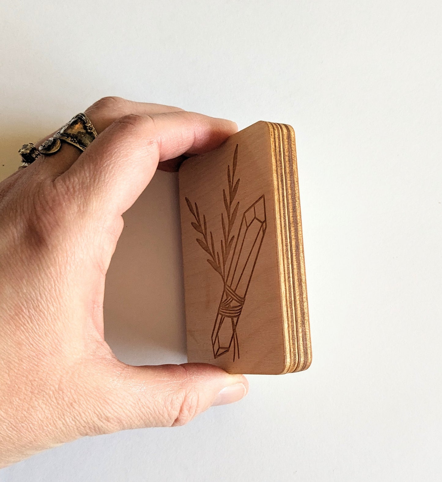 Wooden Needle Case, Laser Engraved Herb Sprig and Crystal Magnetic Needle Minder