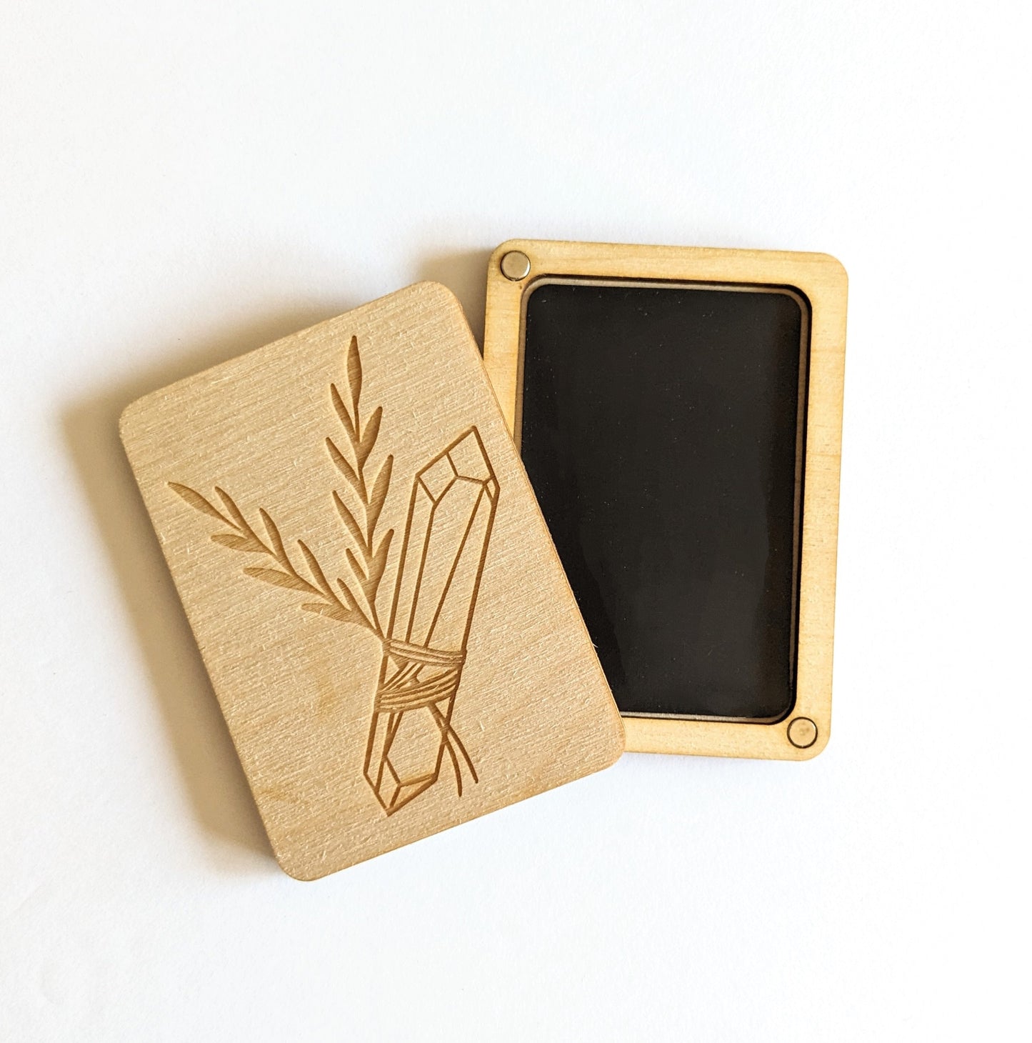 Wooden Needle Case, Laser Engraved Herb Sprig and Crystal Magnetic Needle Minder