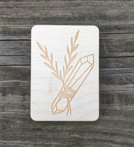 Wooden Needle Case, Laser Engraved Herb Sprig and Crystal Magnetic Needle Minder