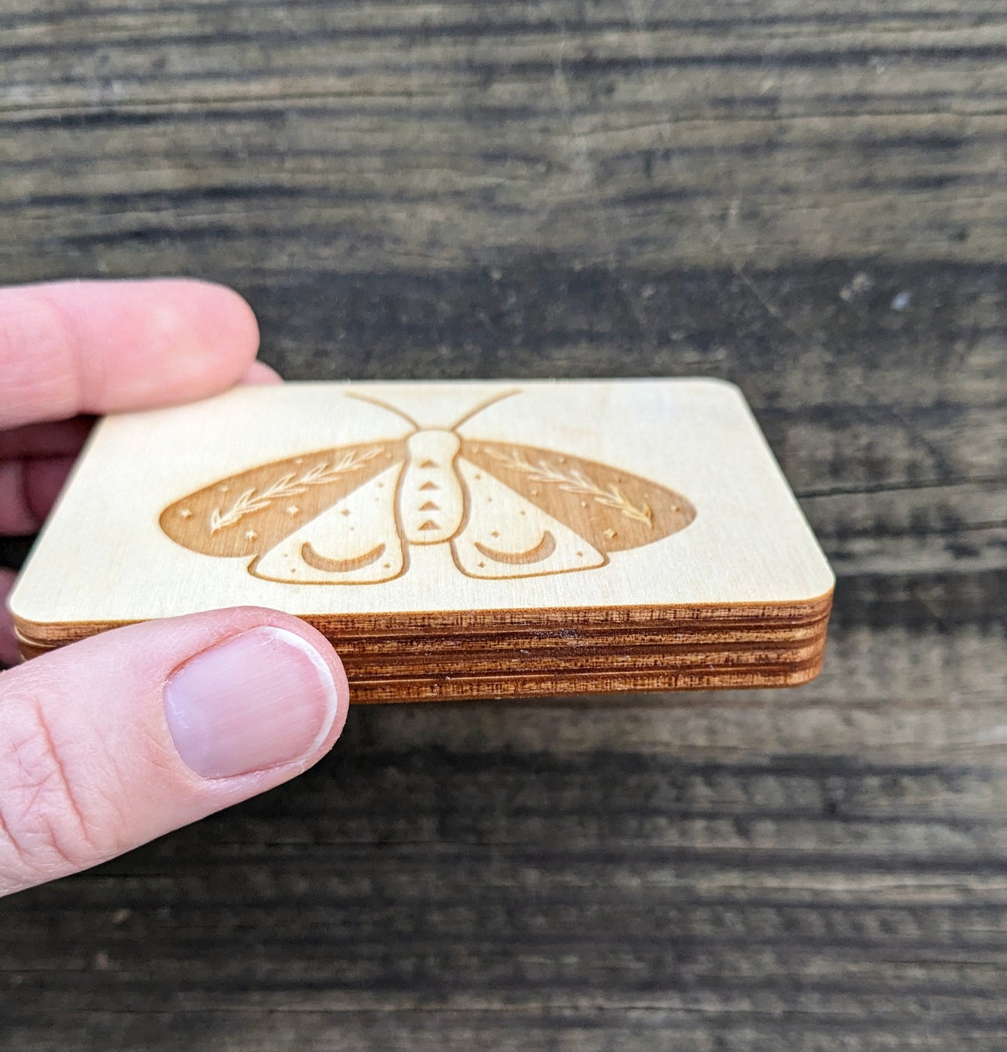 Wooden Needle Holder, Laser Engraved Moon Phase Moth Magnetic Needle Minder