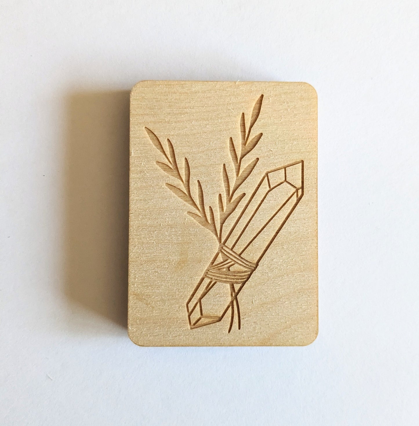 Wooden Needle Case, Laser Engraved Herb Sprig and Crystal Magnetic Needle Minder