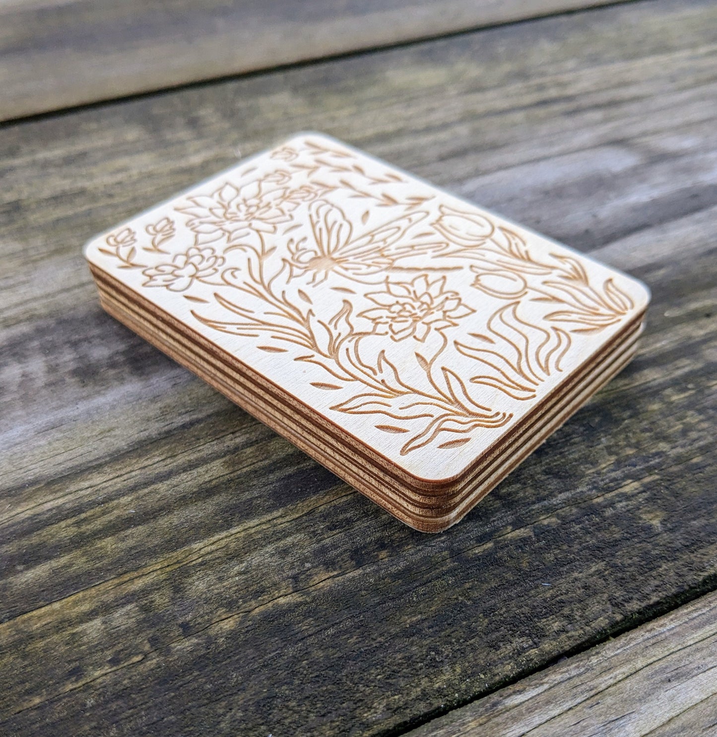 Wooden Needle Case, Laser Engraved Dragonfly and Water Lily Magnetic Needle Minder