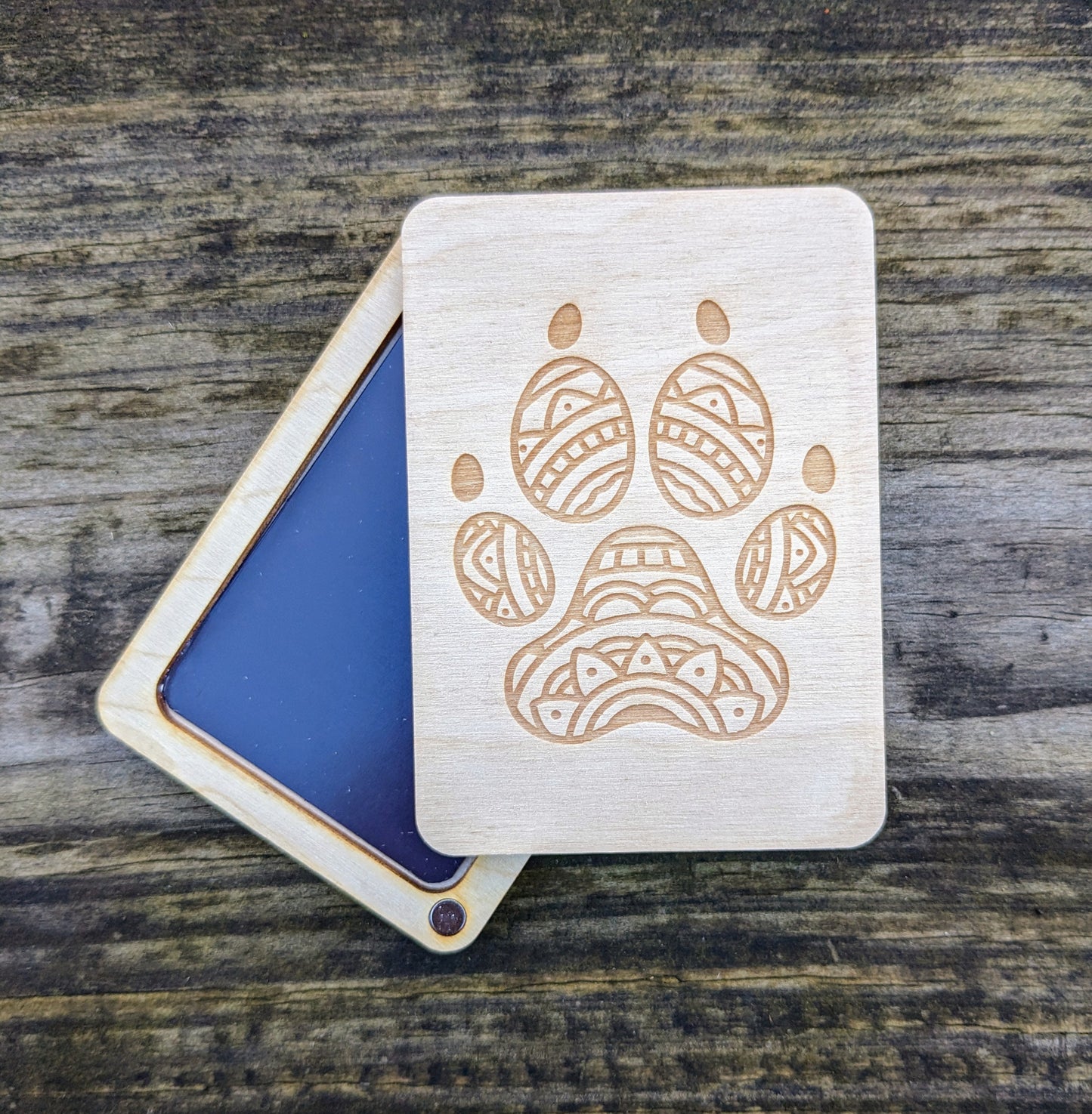 Wooden Needle Case, Laser Engraved Mandala Paw Print Magnetic Needle Minder