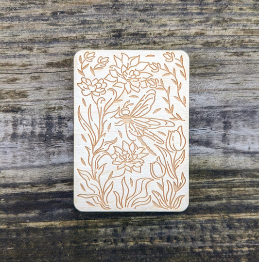 Wooden Needle Case, Laser Engraved Dragonfly and Water Lily Magnetic Needle Minder