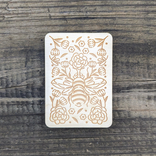 Wooden Needle Case, Laser Engraved Bee and Wildflower Magnetic Needle Minder