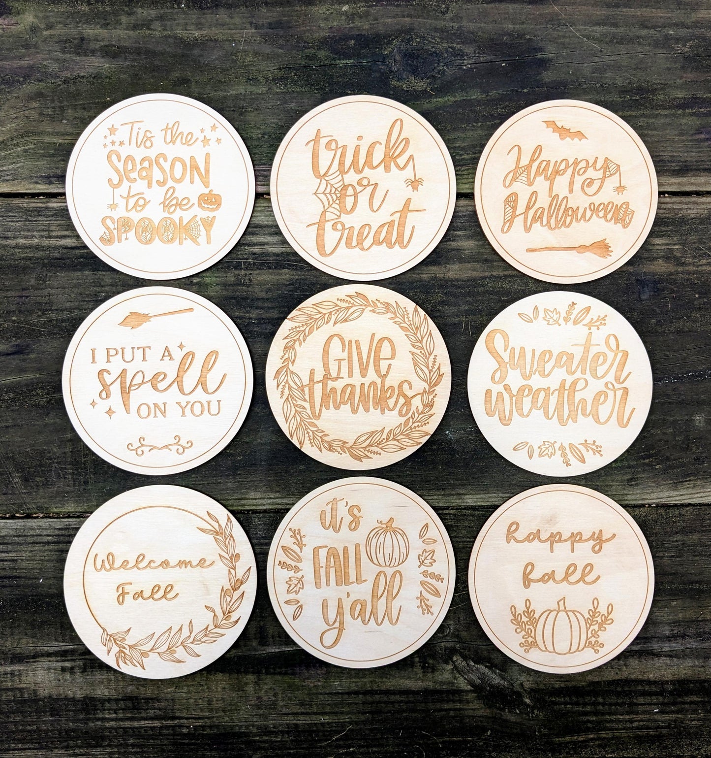 Fall and Halloween Center Circle Inserts for Interchangeable Sign, Rustic Wood Countertop Stand