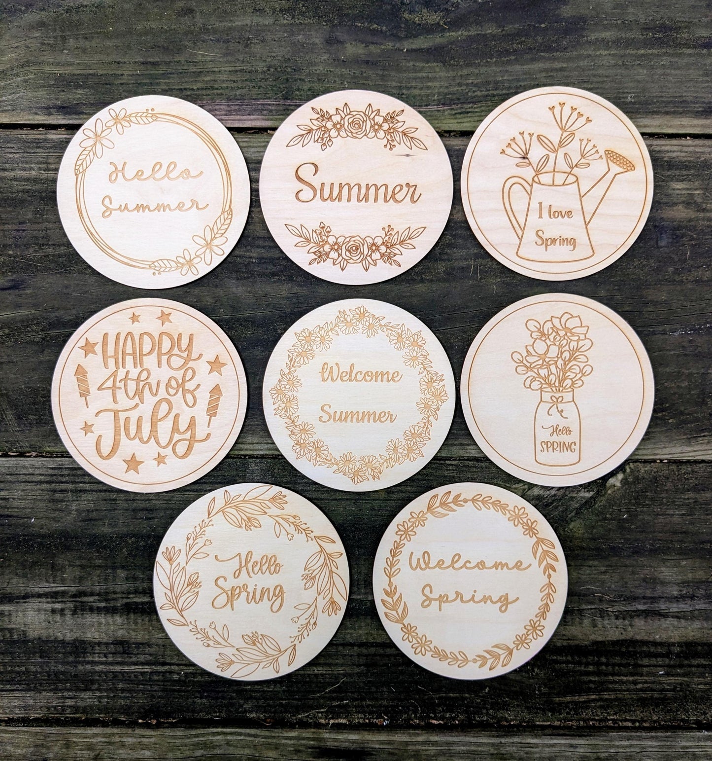 Spring and Summer Center Circle Inserts for Interchangeable Sign, Rustic Wood Countertop Stand