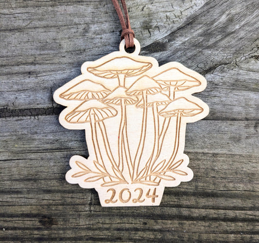 Mushroom 2024 Ornament, Laser Cut and Engraved Tree Ornament