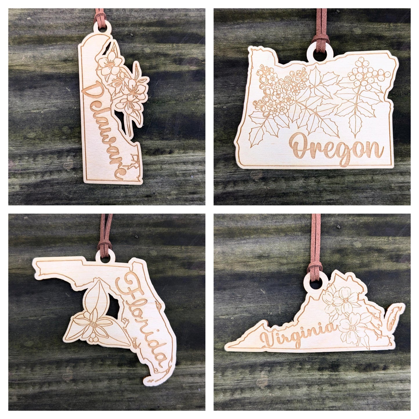 50 States Flower Ornament, Laser Cut and Engraved Christmas Tree Ornament