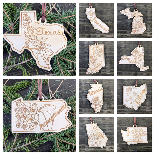 50 States Flower Ornament, Laser Cut and Engraved Christmas Tree Ornament