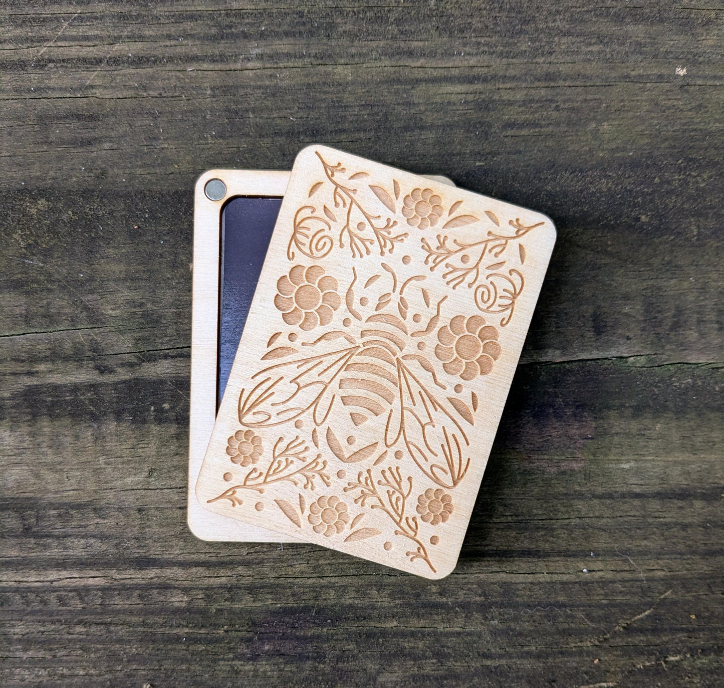 Wooden Needle Case, Laser Engraved Bee and Roses Magnetic Needle Minder