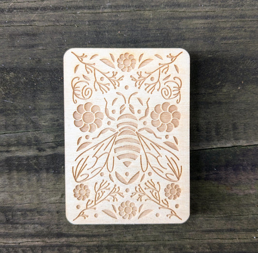 Wooden Needle Case, Laser Engraved Bee and Roses Magnetic Needle Minder