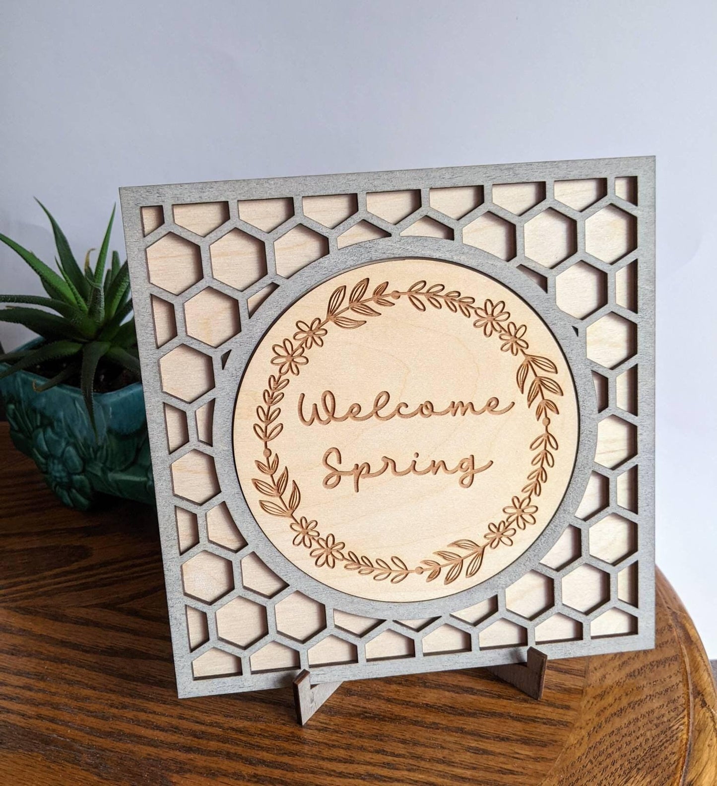 Spring and Summer Center Circle Inserts for Interchangeable Sign, Rustic Wood Countertop Stand