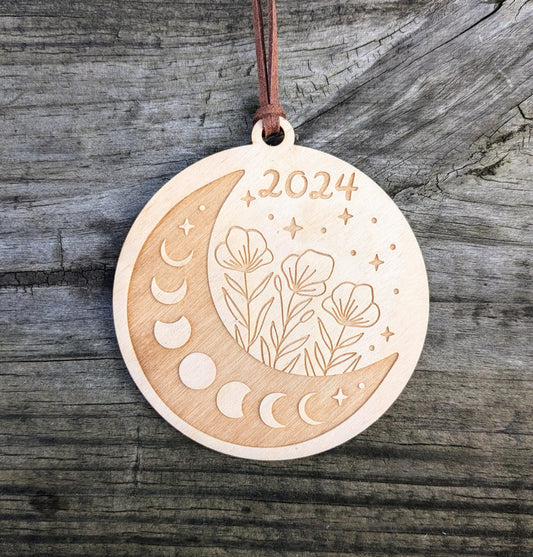 Moon Phases 2024 Ornament, Laser Cut and Engraved Tree Ornament