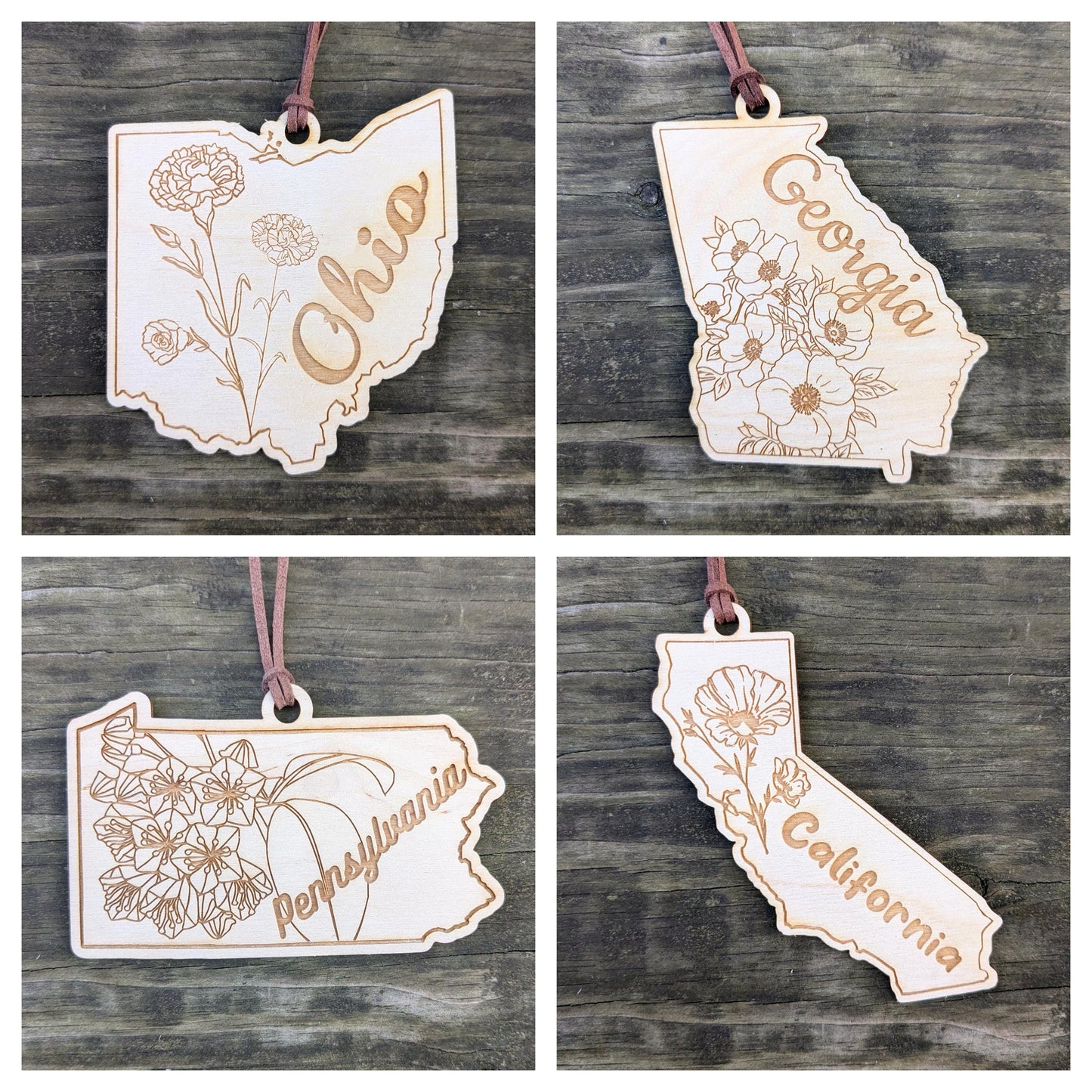 50 States Flower Ornament, Laser Cut and Engraved Christmas Tree Ornament