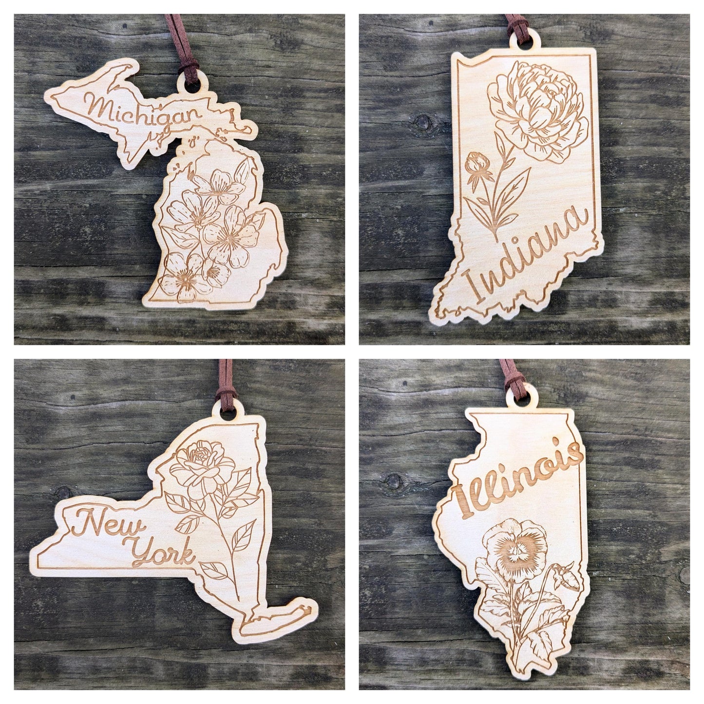 50 States Flower Ornament, Laser Cut and Engraved Christmas Tree Ornament