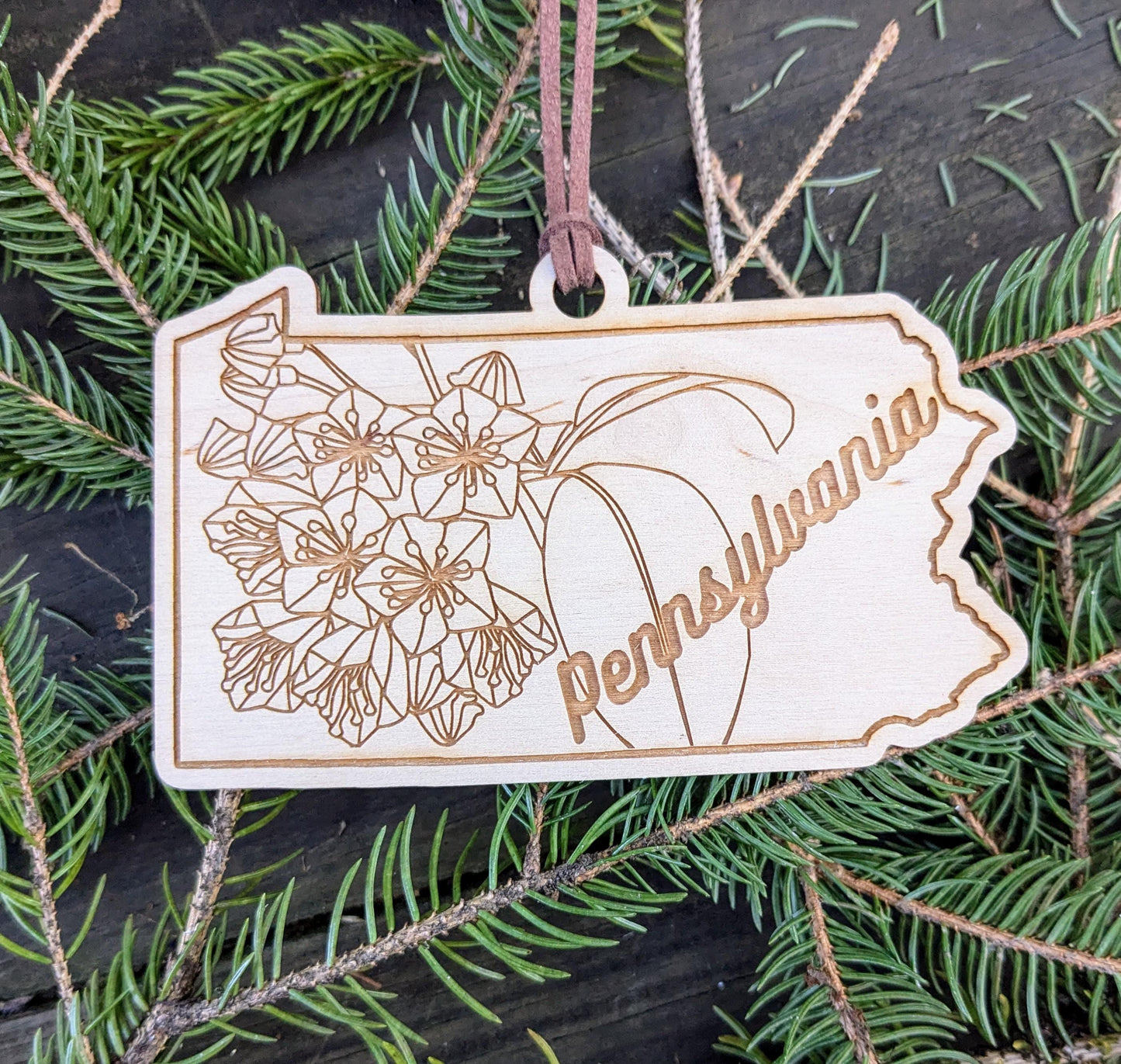 50 States Flower Ornament, Laser Cut and Engraved Christmas Tree Ornament