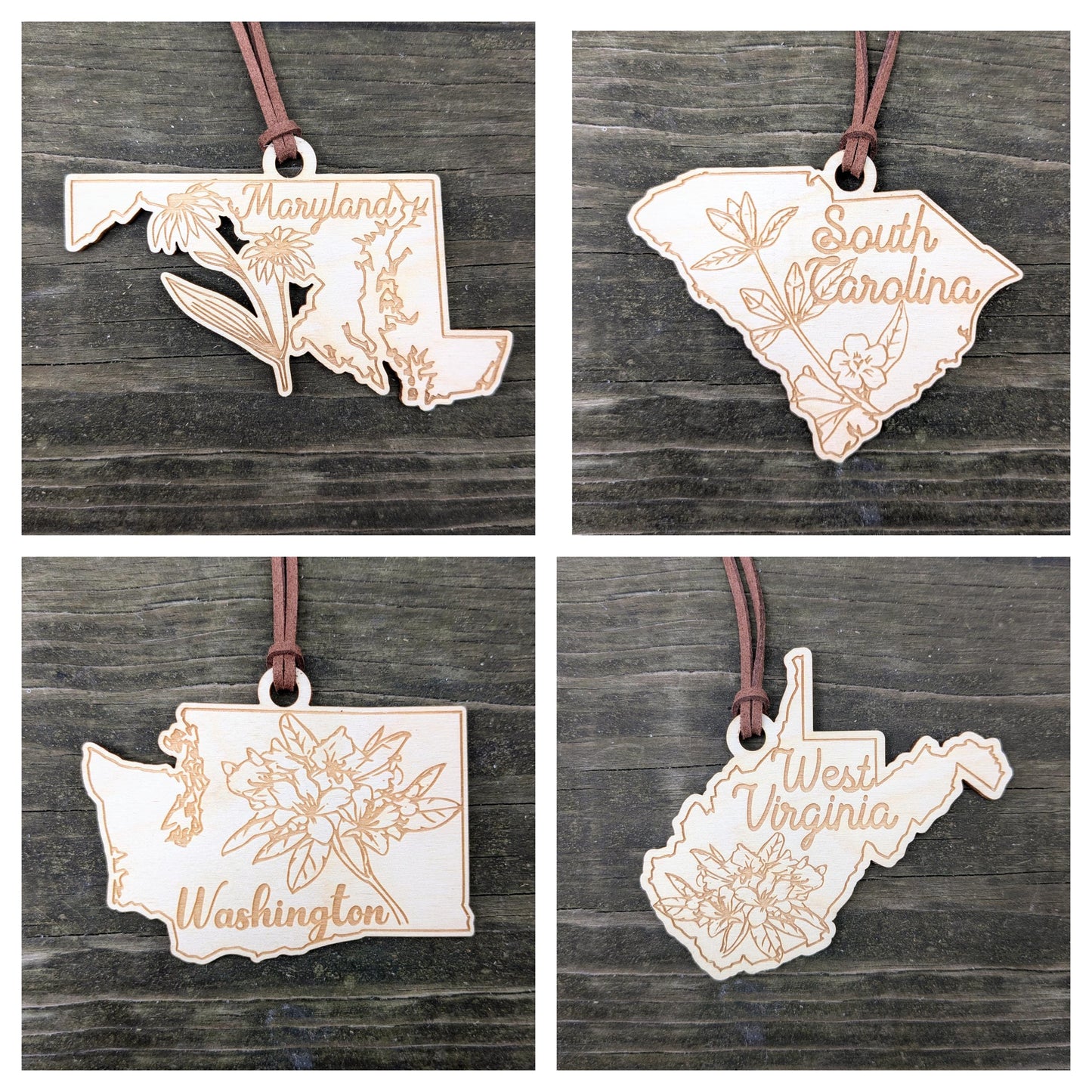 50 States Flower Ornament, Laser Cut and Engraved Christmas Tree Ornament