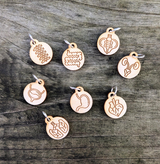 Anatomy Stitch Markers - set of 8 Laser Cut and Engraved Round Wooden Markers with Jumprings