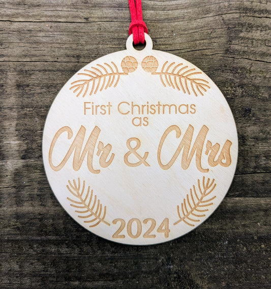 Mr and Mrs 2024 Ornament, Laser Cut and Engraved Tree Ornament for Newlyweds