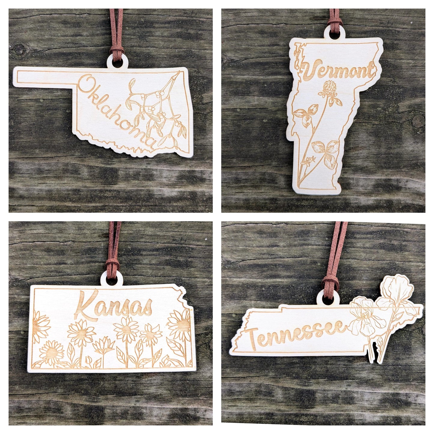 50 States Flower Ornament, Laser Cut and Engraved Christmas Tree Ornament