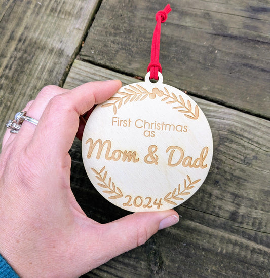 Mom and Dad 2024 Ornament, Laser Cut and Engraved Tree Ornament for New Parents and Baby&#39;s First Christmas