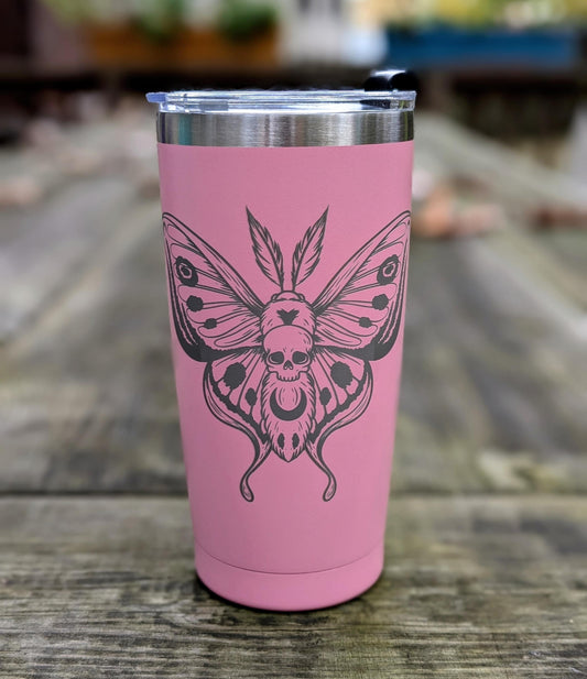 Laser Engraved 20oz Travel Mug with Lid - Pink Engraved Death Head Moth Travel Cup